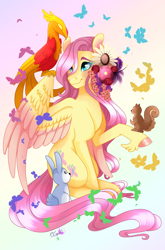 Size: 2435x3684 | Tagged: safe, artist:djspark3, character:angel bunny, character:fluttershy, character:philomena, species:pegasus, species:phoenix, species:pony, species:rabbit, butterfly, colored hooves, colored wings, colored wingtips, cute, female, flower, flower in hair, gradient background, head turn, looking at something, mare, multicolored wings, one wing out, raised hoof, shyabetes, sitting, sitting on wing, smiling, squirrel, stray strand
