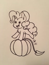 Size: 960x1280 | Tagged: safe, artist:dippin-dott, character:pinkie pie, species:earth pony, species:pony, chest fluff, female, happy, pumpkin, smiling, solo, traditional art