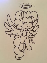 Size: 970x1280 | Tagged: safe, artist:dippin-dott, character:pinkie pie, species:pony, angel, angelic halo, blushing, chest fluff, ear fluff, eyes closed, female, halo, happy, mare, monochrome, smiling, solo, traditional art, wings