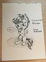 Size: 907x1210 | Tagged: safe, artist:stink111, character:scootaloo, species:pegasus, species:pony, female, filly, monochrome, scootachicken, solo, traditional art