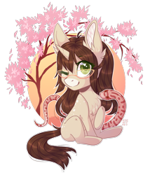 Size: 1000x1167 | Tagged: safe, artist:hazepages, oc, oc only, oc:cinnamon fawn, ponysona, species:pony, species:unicorn, brown hair, cherry blossoms, chibi, female, flower, flower blossom, glasses, green eyes, heart eyes, long hair, mare, one eye closed, sakura tree, simple background, sitting, smiling, snake, solo, transparent background, tree, wingding eyes, wink