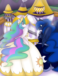 Size: 700x908 | Tagged: safe, artist:akuoreo, character:princess celestia, character:princess luna, species:alicorn, species:anthro, species:pony, canterlot, clothing, dress, duo, female, future, mare, science fiction, smiling