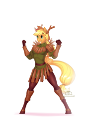 Size: 1125x1592 | Tagged: safe, artist:ladychimaera, character:applejack, species:anthro, species:earth pony, species:pony, species:unguligrade anthro, clothing, costume, dress, female, halloween, holiday, mare, simple background, smiling, solo, timber wolf costume, white background