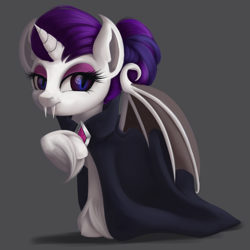 Size: 4092x4092 | Tagged: safe, artist:ailatf, character:rarity, species:alicorn, species:bat pony, species:pony, absurd resolution, bat ponified, bat pony alicorn, cloak, clothing, fangs, female, gray background, mare, race swap, simple background, solo, unshorn fetlocks