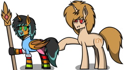 Size: 2840x1608 | Tagged: safe, artist:nguyendeliriam, oc, oc only, oc:sand storm, species:alicorn, species:bat pony, species:pony, species:unicorn, bat pony alicorn, clothing, crossdressing, height difference, simple background, socks, staff, striped socks, teeth, white background