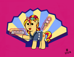Size: 1100x850 | Tagged: safe, artist:jazzytyfighter, character:sunset shimmer, eqg summertime shorts, my little pony:equestria girls, clothing, crossover, dango, food, outfit, sunset shimmer day, sunset sushi, sushi, taiko drum master, taiko no tatsujin, uniform