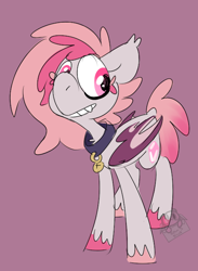 Size: 496x676 | Tagged: safe, artist:lilsunshinesam, oc, oc only, oc:candy quartz, species:bat pony, species:pony, bat pony oc, chest fluff, collar, cute, fangs, female, piercing, shaved mane, simple background, smiling, solo, two toned mane, two toned wings, unshorn fetlocks, wing piercing, wings