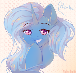 Size: 1250x1200 | Tagged: safe, artist:melloncollie-chan, character:trixie, species:pony, species:unicorn, bust, covering mouth, dialogue, female, laughing, looking at you, mare, portrait, smiling, solo, speech bubble