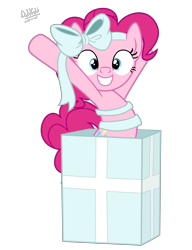 Size: 4000x5200 | Tagged: safe, artist:dashyoshi, character:pinkie pie, species:earth pony, species:pony, absurd resolution, box, female, mare, pony in a box, present, simple background, smiling, solo, transparent background, vector