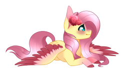 Size: 646x383 | Tagged: safe, artist:djspark3, character:fluttershy, species:pegasus, species:pony, colored hooves, colored wings, cute, female, flower, flower in hair, lying down, mare, shyabetes, simple background, solo, transparent background, wing spreading, wings