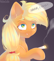 Size: 1400x1600 | Tagged: safe, artist:melloncollie-chan, character:applejack, species:earth pony, species:pony, blunt, bust, dialogue, drugs, female, freckles, ha ha classic, hairband, hoof hold, lidded eyes, lightly watermarked, mare, marijuana, messy mane, ponytail, portrait, simple background, smiling, smoking, solo, speech bubble, watermark