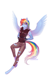 Size: 917x1346 | Tagged: safe, artist:ladychimaera, character:rainbow dash, species:anthro, species:pegasus, species:pony, species:unguligrade anthro, chains, clothing, costume, female, frankenstein's monster, gloves, halloween, hands in pockets, holiday, hoodie, lidded eyes, looking back, mare, simple background, smiling, smirk, solo, torn clothes, white background