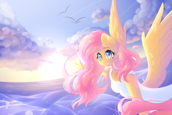 Size: 1800x1200 | Tagged: safe, artist:melloncollie-chan, character:fluttershy, species:anthro, species:pegasus, g4, clothing, dress, eyebrows, eyebrows visible through hair, female, horizon, looking at you, mare, ocean, pointing, reaching, sky, smiling, solo, spread wings, sun, three quarter view, white dress, wings