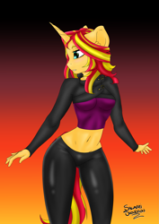Size: 1447x2046 | Tagged: safe, artist:salamishowdown, character:sunset shimmer, species:anthro, ambiguous facial structure, belly button, clothing, female, midriff, short shirt, signature, solo, sunset