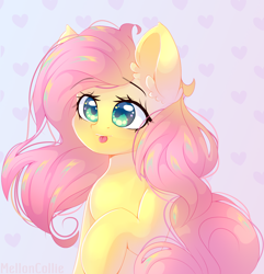 Size: 1400x1450 | Tagged: safe, artist:melloncollie-chan, character:fluttershy, species:pegasus, species:pony, bust, cute, female, heart, mare, portrait, raised hoof, shyabetes, solo, three quarter view, tongue out