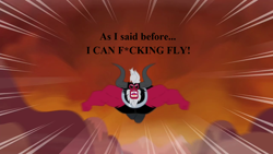 Size: 1280x720 | Tagged: safe, artist:nukarulesthehouse1, edit, edited screencap, screencap, character:lord tirek, species:centaur, episode:twilight's kingdom, g4, my little pony: friendship is magic, arms, caption, flying, horns, mountain, muscles, red sky, strong, vulgar