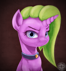Size: 1450x1547 | Tagged: source needed, safe, artist:grayworldcorporation, oc, oc only, species:pony, species:unicorn, abstract background, bust, choker, female, frown, jewelry, looking at you, mare, portrait, sitting, solo