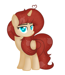 Size: 3361x3849 | Tagged: safe, artist:rachelclaraart, oc, oc:sabrina, species:pony, species:unicorn, ahoge, blank flank, blue eyes, female, horn, mare, red hair, simple background, solo, standing, unamused, white background