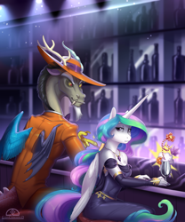 Size: 1250x1500 | Tagged: safe, artist:ladychimaera, character:discord, character:princess celestia, species:alicorn, species:anthro, species:draconequus, species:pony, species:unguligrade anthro, bar, breasts, cleavage, clothing, dress, drink, female, hat, looking at you, looking back, looking back at you, magic, male, mare, smiling, straight, suit, zoot suit
