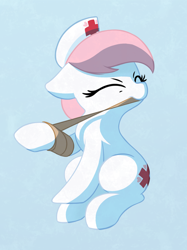 Size: 1020x1365 | Tagged: safe, artist:masserey, character:nurse redheart, species:earth pony, species:pony, bandage, cute, female, floppy ears, heartabetes, injured, mare, nurse, simple background, solo
