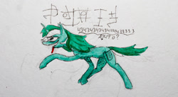 Size: 1280x699 | Tagged: safe, artist:ploskostnost, character:lyra heartstrings, species:pony, code, female, galloping, number, open mouth, solo, tongue out, traditional art