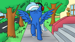 Size: 1920x1080 | Tagged: safe, artist:exobass, oc, oc only, oc:exobass, species:pegasus, species:pony, female, flower, flower pot, happy, headphones, music, music notes, solo, stairs, street, tree, wings