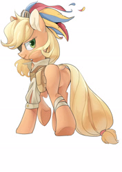 Size: 2480x3508 | Tagged: safe, artist:yunlongchen, character:applejack, species:pony, butt, clothing, dock, eyepatch, featureless crotch, female, hat, looking at you, looking back, looking back at you, missing cutie mark, pirate, pirate applejack, pirate hat, plot, simple background, solo, white background