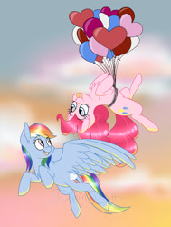 Size: 1280x1692 | Tagged: safe, artist:dippin-dott, character:pinkie pie, character:rainbow dash, species:earth pony, species:pony, ship:pinkiedash, balloon, cloud, female, floating, flying, lesbian, looking at each other, shipping, smiling, spread wings, then watch her balloons lift her up to the sky, tongue out, wings