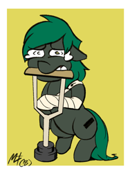 Size: 600x800 | Tagged: safe, artist:mattdrawstoons, derpibooru original, oc, oc only, oc:minus, species:earth pony, species:pony, broken leg, cast, colored, crutches, crying, injured, looking at you, male, pain, simple background, solo, standing