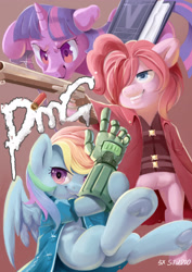 Size: 2480x3508 | Tagged: safe, artist:yunlongchen, character:pinkie pie, character:rainbow dash, character:twilight sparkle, species:pony, amputee, clothing, crossover, dante (devil may cry), devil breaker, devil may cry, devil may cry 5, ivory (devil may cry), nero (devil may cry), prosthetic limb, prosthetics, v (devil may cry)