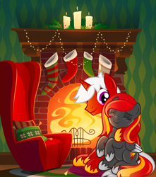 Size: 3500x3953 | Tagged: safe, artist:rish--loo, oc, oc only, oc:flame runner, oc:sky blazer, species:pegasus, species:pony, species:unicorn, blanner, candle, christmas, christmas stocking, couch, digital art, duo, eyes closed, female, fireplace, high res, holiday, male, mare, oc x oc, shipping, smiling, stallion, straight, ych result