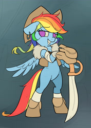 Size: 2894x4093 | Tagged: safe, artist:yunlongchen, character:rainbow dash, species:pegasus, species:pony, bipedal, boots, clothing, ear piercing, earring, female, grin, hat, jewelry, looking at you, mare, piercing, pirate, pirate hat, shoes, smiling, sword, weapon