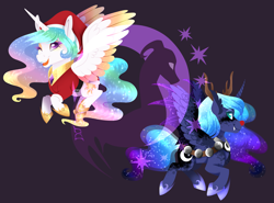 Size: 1944x1440 | Tagged: safe, artist:djspark3, character:princess celestia, character:princess luna, species:alicorn, species:pony, animal costume, christmas, clothing, colored wings, costume, dappled, duo, duo female, female, holiday, mare, multicolored wings, reindeer costume, royal sisters, santa costume