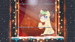 Size: 5000x2811 | Tagged: safe, artist:rish--loo, artist:rish_loo, oc, oc only, oc:eternal light, species:pegasus, species:pony, christmas, christmas decoration, christmas lights, christmas tree, digital art, duo, folded wings, glasses, high res, holiday, male, moon, ponytail, present, signature, sitting, snow, snowfall, stallion, tree, window, wings, winter, ych result