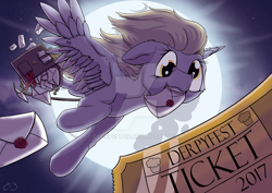 Size: 1024x724 | Tagged: safe, artist:reptilianbirds, character:derpy hooves, species:pegasus, species:pony, backlighting, derpfest, envelope, female, full moon, letter, mailbag, mailmare, mare, moon, mouth hold, obtrusive watermark, solo, spread wings, watermark, wings
