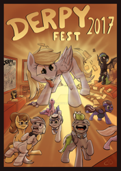 Size: 1024x1448 | Tagged: safe, artist:reptilianbirds, character:derpy hooves, oc, species:bat pony, species:pegasus, species:pony, attack of the 50 ft. woman, derpfest, destruction, female, giant derpy hooves, giant pony, macro, mare, panic, running away, tongue out