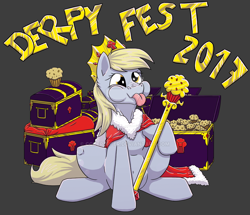 Size: 1024x879 | Tagged: safe, artist:reptilianbirds, character:derpy hooves, species:pegasus, species:pony, crown, derpfest, female, food, gray background, jewelry, mare, muffin, nose wrinkle, obtrusive watermark, regalia, scepter, simple background, sitting, solo, tongue out, watermark