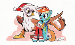 Size: 2686x1624 | Tagged: safe, artist:reptilianbirds, character:gilda, character:rainbow dash, species:griffon, species:pegasus, species:pony, christmas, clothing, duo, female, hat, holiday, mare, open mouth, santa hat, smiling, sweater, traditional art, watercolor painting