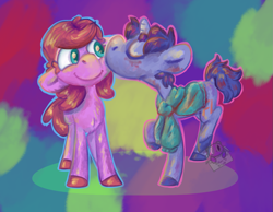 Size: 1065x825 | Tagged: safe, artist:lilsunshinesam, oc, oc:bender watt, oc:holivi, species:earth pony, species:pony, species:unicorn, abstract background, blushing, clothing, colored hooves, kissing, oc x oc, scarf, shipping, smiling