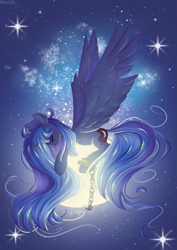 Size: 2059x2912 | Tagged: safe, artist:melloncollie-chan, character:princess luna, species:alicorn, species:pony, chained, female, mare, moon, solo, tangible heavenly object