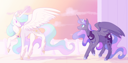 Size: 1280x634 | Tagged: safe, artist:lionsca, character:princess celestia, character:princess luna, species:alicorn, species:pony, crepuscular rays, cute, dawn, duo, ethereal mane, female, flowing mane, jewelry, mare, regalia, sisters