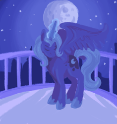 Size: 1155x1224 | Tagged: safe, artist:lionsca, character:princess luna, dusk, female, magic, missing accessory, moon, raising the moon, s1 luna, solo, stars, younger