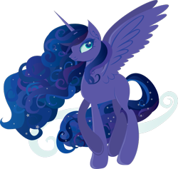Size: 731x694 | Tagged: safe, artist:lionsca, character:princess luna, species:alicorn, species:pony, ethereal mane, female, flowing mane, galaxy mane, missing accessory, missing cutie mark, solo, sparkles, wingding eyes