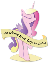 Size: 579x740 | Tagged: safe, artist:lionsca, character:princess cadance, species:alicorn, species:pony, eyes closed, female, internal outlines only, lgbt, lineless, mare, missing accessory, missing cutie mark, mouthpiece, old banner, positive ponies, raised hoof, simple background, smiling, solo, subversive kawaii, transparent background