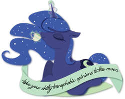 Size: 702x560 | Tagged: safe, artist:lionsca, character:princess luna, cup, description is relevant, drinking, eyelashes, eyes closed, glowing horn, internal outlines only, lgbt, lineless, magic, missing accessory, mouthpiece, old banner, simple background, smiling, solo, subversive kawaii, tea, telekinesis, to the moon, transgender, transparent background, vulgar, wingless