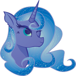 Size: 672x667 | Tagged: safe, artist:lionsca, character:princess luna, bust, ethereal mane, eyelashes, female, flowing mane, galaxy mane, missing accessory, smiling, solo, sparkles