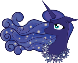 Size: 928x754 | Tagged: safe, artist:lionsca, character:princess luna, bust, ethereal mane, female, flower, galaxy mane, missing accessory, solo, sparkles