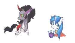 Size: 1236x714 | Tagged: safe, artist:ikirunosindo, character:king sombra, character:shining armor, species:pony, species:unicorn, bust, female, gleaming shield, mare, queen umbra, rule 63, smiling, sombra eyes