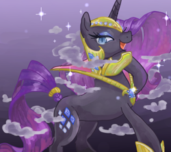 Size: 1100x980 | Tagged: safe, artist:ikirunosindo, character:nightmare rarity, character:rarity, species:pony, species:unicorn, female, helmet, hoof shoes, looking at you, mare, peytral, smiling, solo
