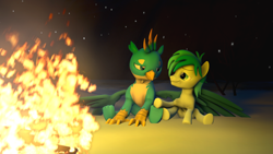 Size: 1920x1080 | Tagged: safe, artist:hedgehogninja94, character:gallus, character:sandbar, species:earth pony, species:griffon, species:pony, ship:gallbar, 3d, fire, gay, hug, looking at each other, male, night, shipping, snow, source filmmaker, teenager, winghug